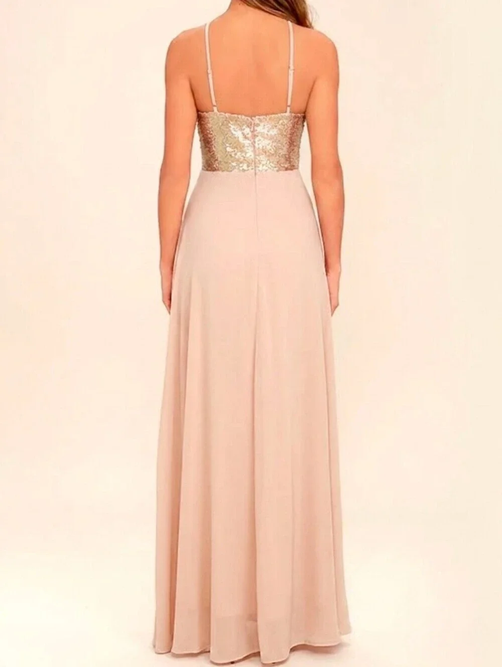 Lulus The Best Part Matte Gold Blush Champagne Sequin Halter Maxi Dress - XS